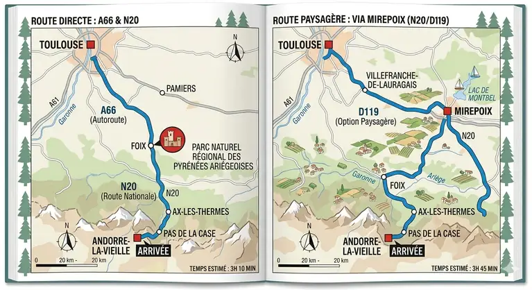 dessin du traget Toulouse vers les pyrénées ariégeoises via autoroute ou via Mirepoix